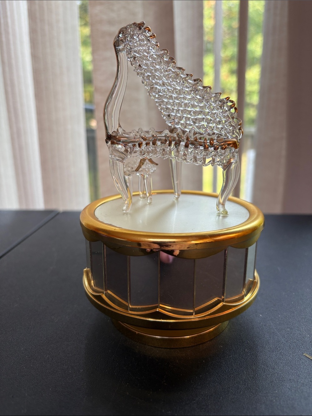 Spun Glass Piano on Mirrored Base Music Box Enchanted Melody